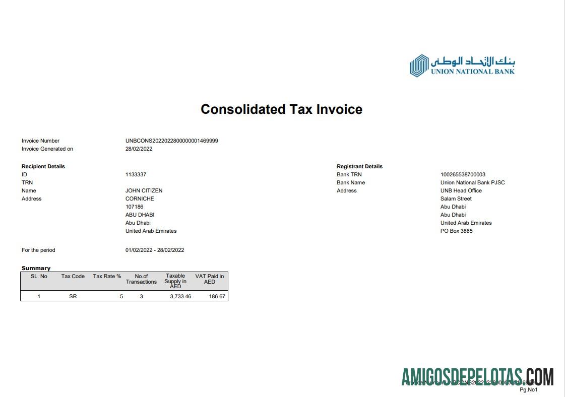 Modelo de extrato bancário nacional da União de Abu Dhabi dos Emirados Árabes Unidos de 2 páginas